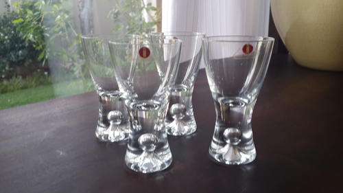 IITALLA (FINNISH) BUBBLE STEM SHERRY/SHOT GLASSES X 4.  IN EXCELLENT CONDITION.